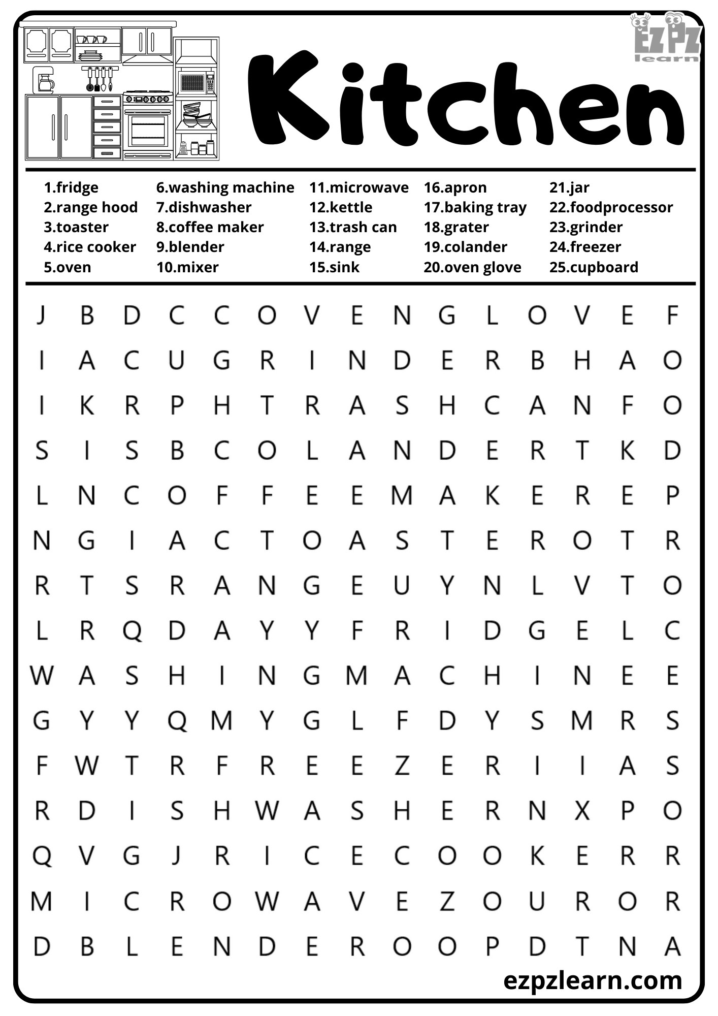 Kitchen And House Vocabulary Word Search For Homeschool Kids And ESL   54 Kitchen2 Word Search 25 Words 